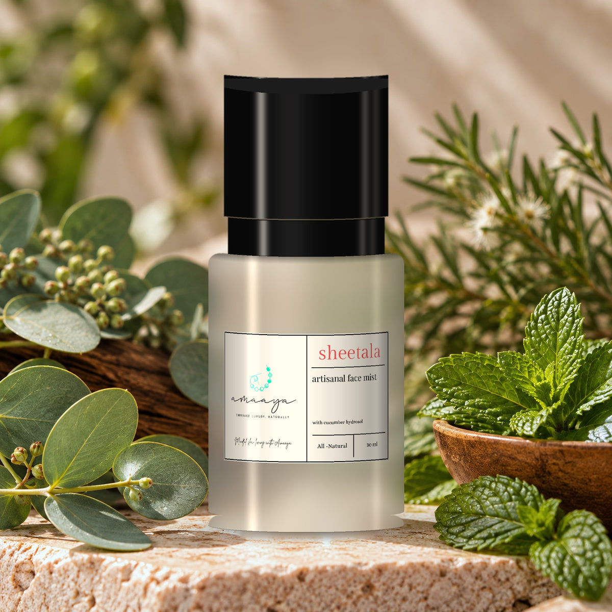 Amaaya Sheetala face mist with cucumber hydrosol, 30 ml, among cool greens