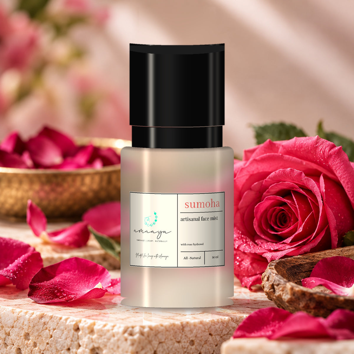 Amaaya Sumoha face mist with rose hydrosol, 30 ml, among roses