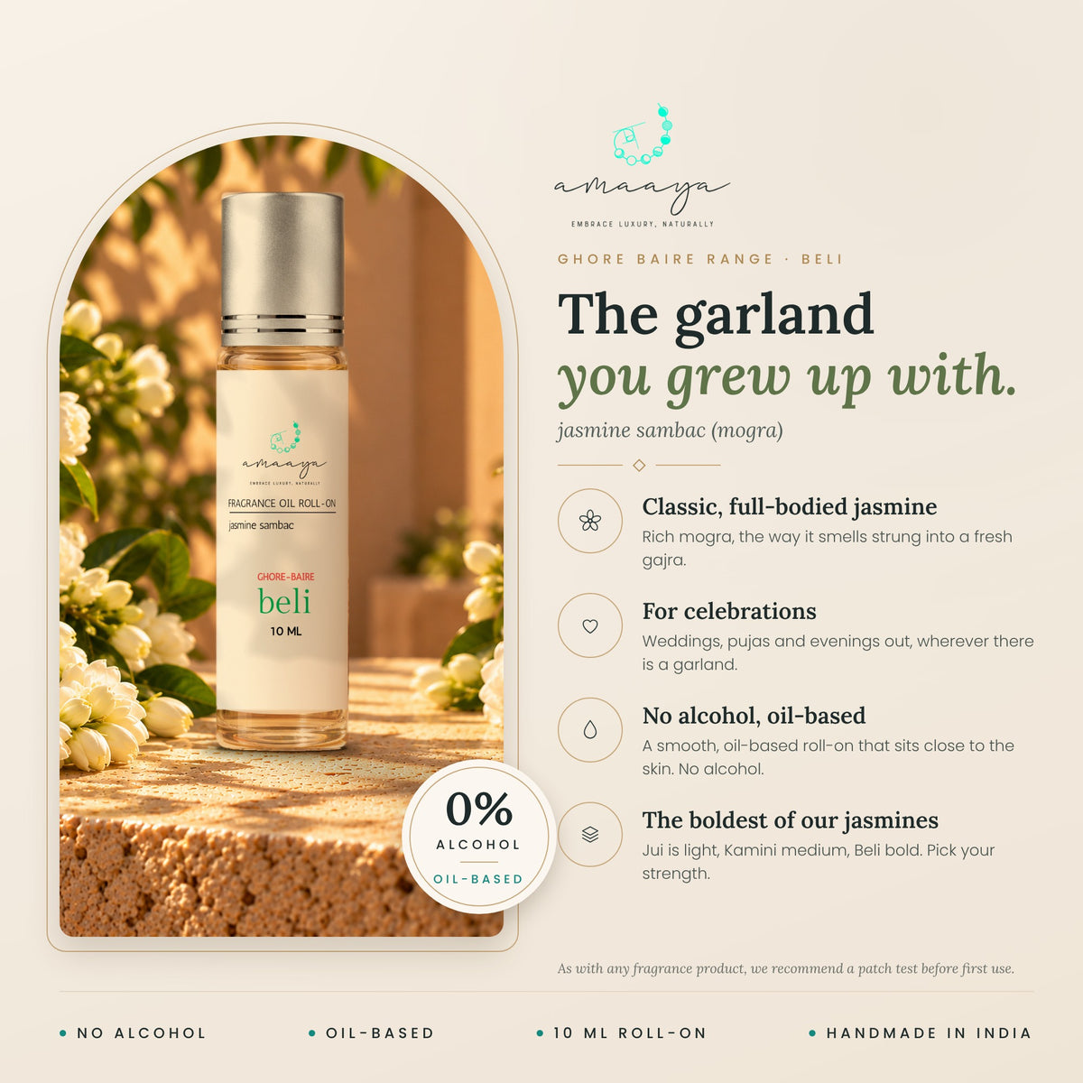 Beli benefits: classic full-bodied jasmine, for celebrations, no alcohol, oil-based