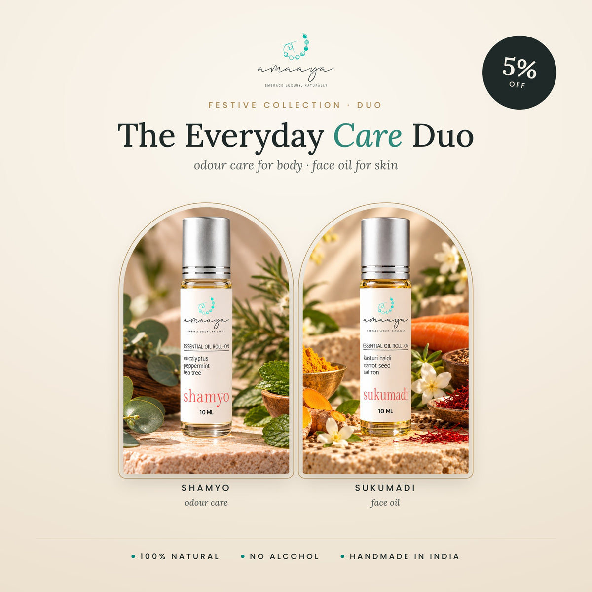 Amaaya Everyday Care Duo: Shamyo deodorising roll-on and Sukumadi face oil