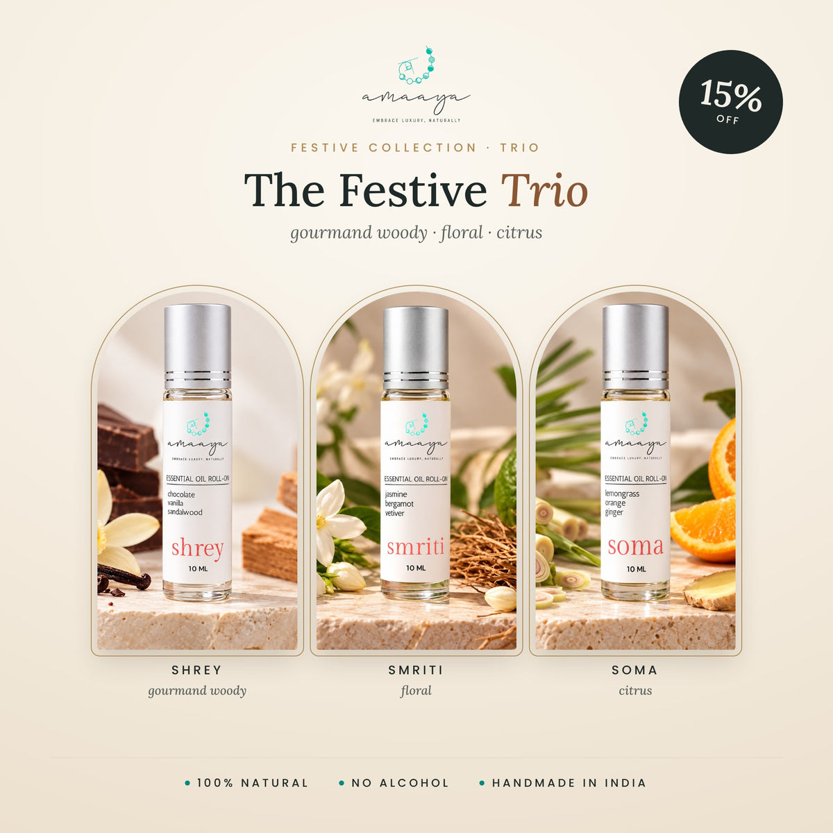 Amaaya Festive Trio gift set: Shrey, Smriti and Soma roll-ons