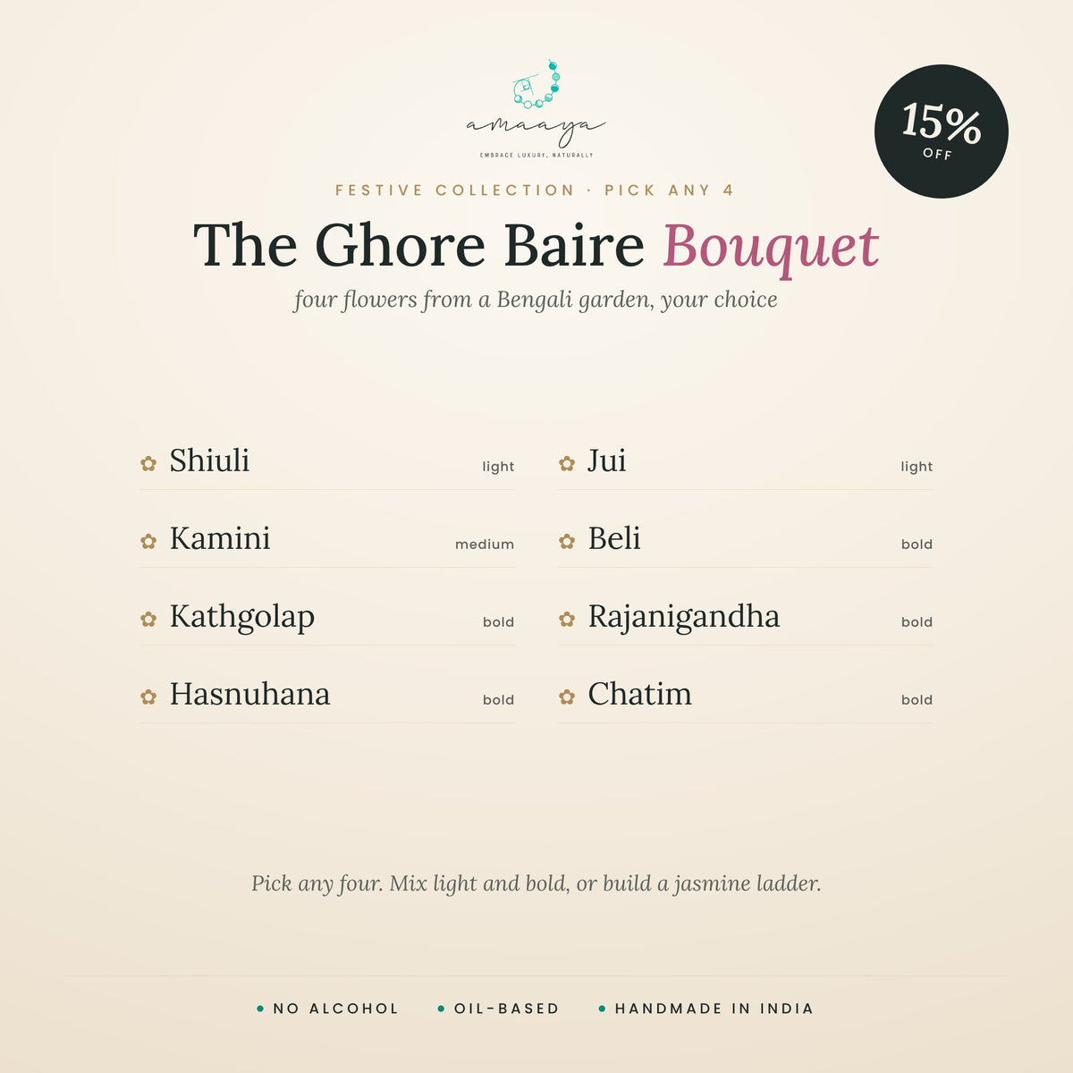 Amaaya Ghore Baire Bouquet: pick any four Bengali floral roll-ons