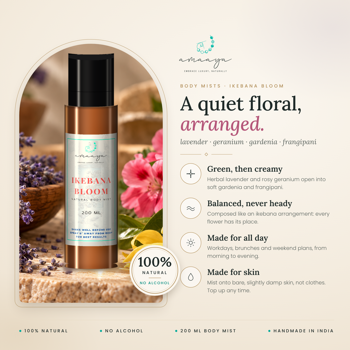 Amaaya Ikebana Bloom body mist benefits: 100% natural, no alcohol