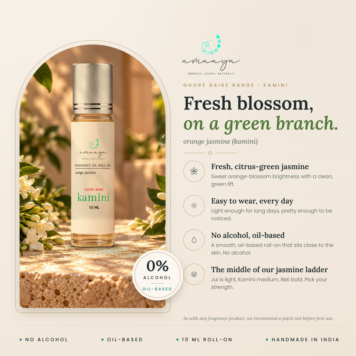 Kamini benefits: fresh citrus-green jasmine, easy everyday wear, no alcohol, oil-based