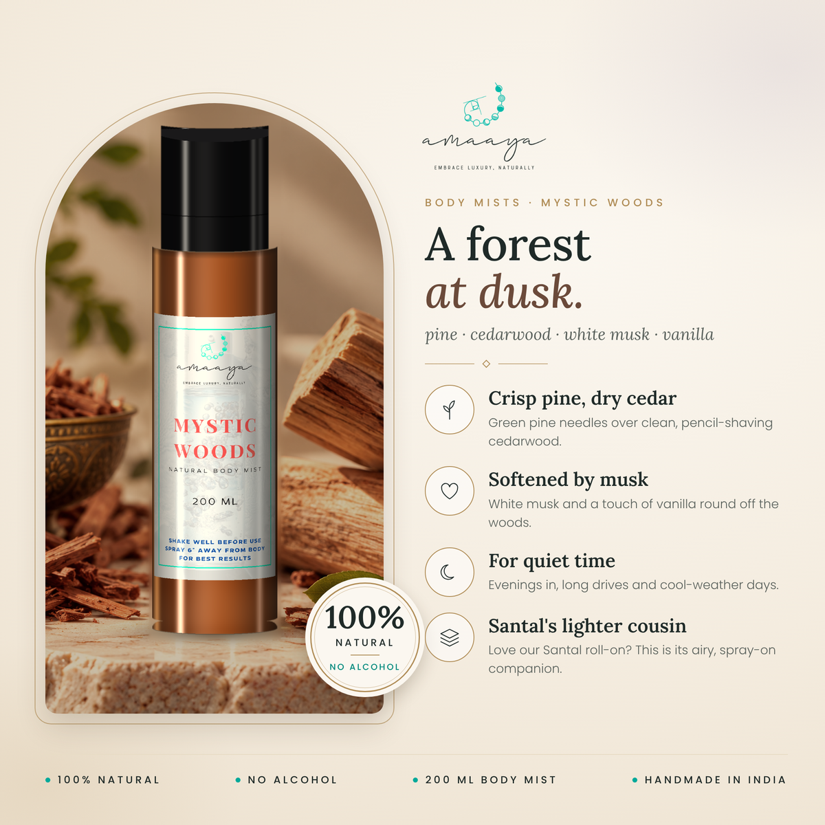 Amaaya Mystic Woods body mist benefits: 100% natural, no alcohol