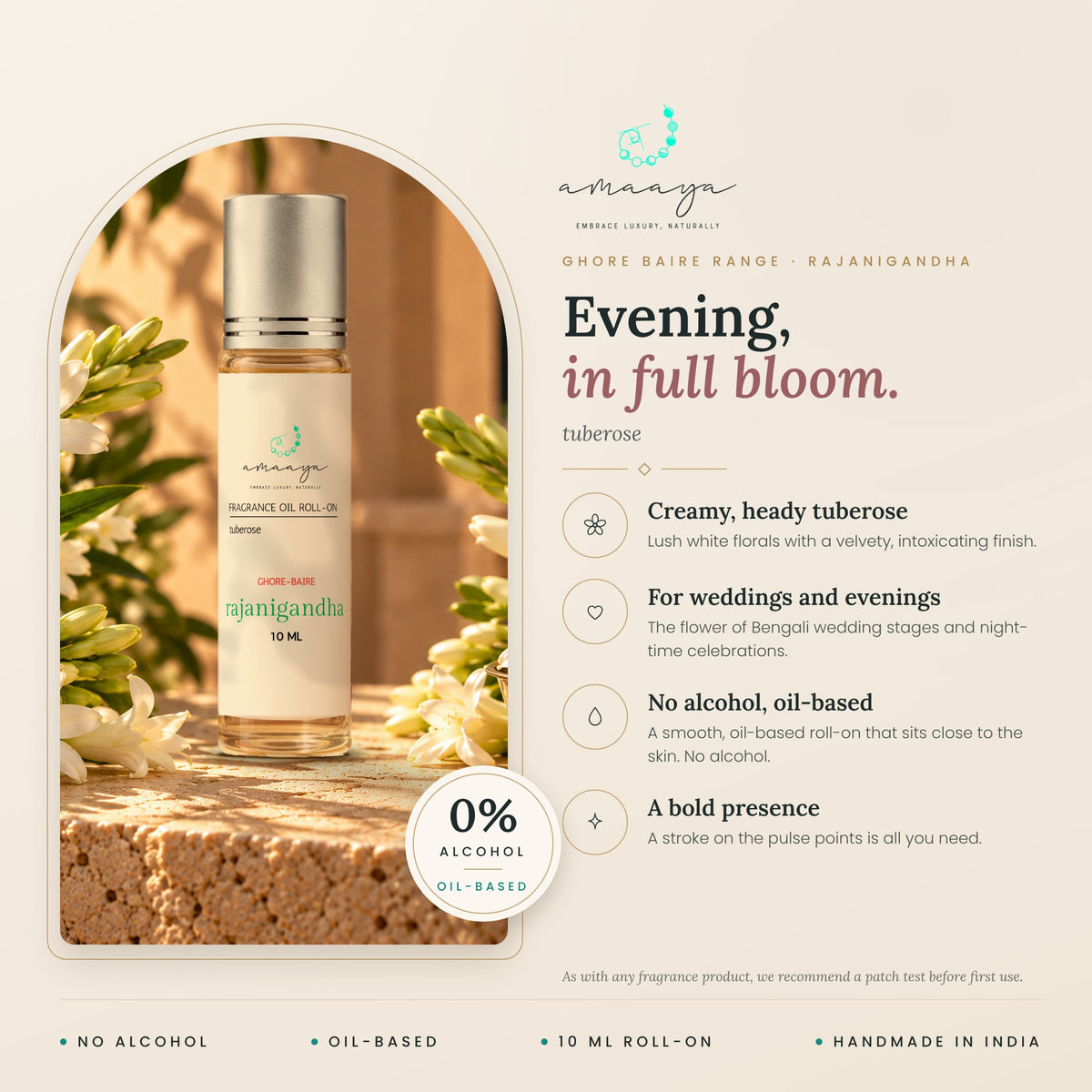 Rajanigandha benefits: creamy heady tuberose, for weddings and evenings, no alcohol, oil-based