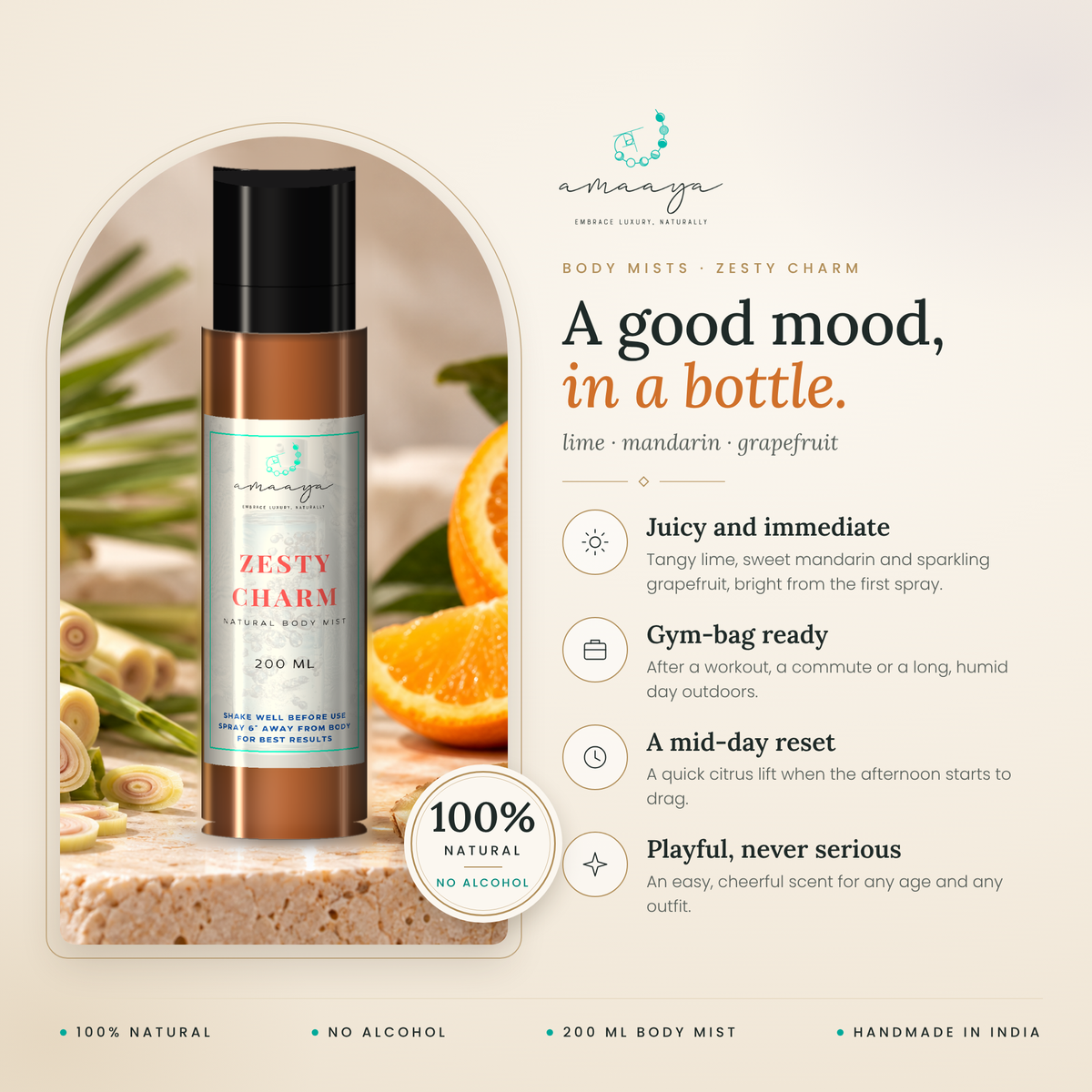 Amaaya Zesty Charm body mist benefits: 100% natural, no alcohol