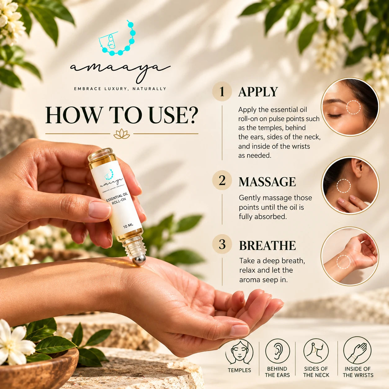 How to use an Amaaya roll-on: apply, massage and breathe